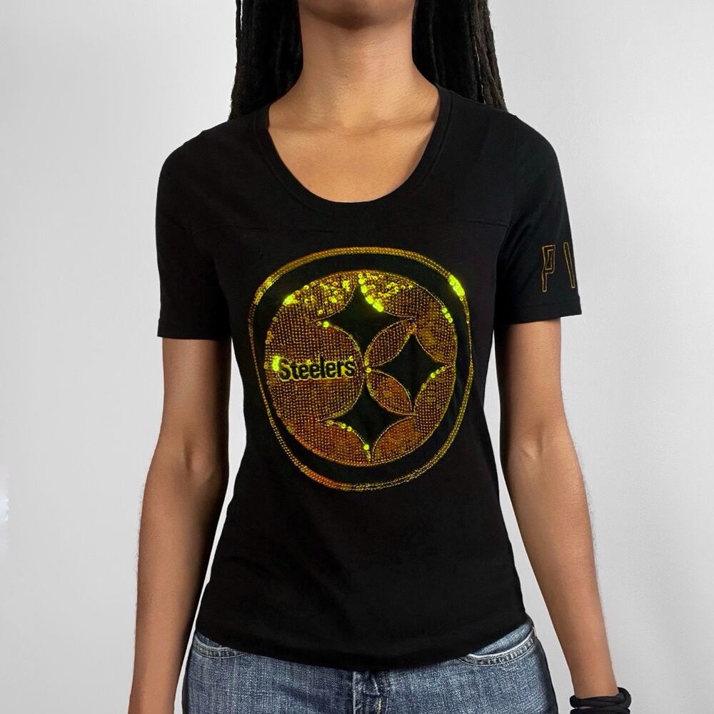 Victoriaβs Secret PINK NFL Pittsburgh Steelers Sequin Tee Black T Shirt Small VS